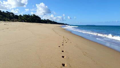 Serene Beach Landscape with Sand and Footprints Under Blue Sky
