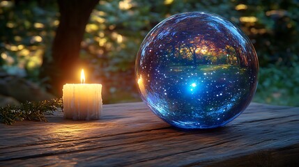 Mystic Crystal Ball with Candle with Forest Background, Magic, and Fortune Telling.