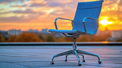Office chair on rooftop with sunset cityscape, conceptual workspace, and worklife balance.