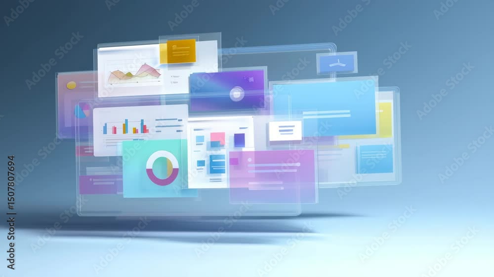 Fototapete 3d render of floating digital dashboards with data charts and ui elements on a blue background. idea