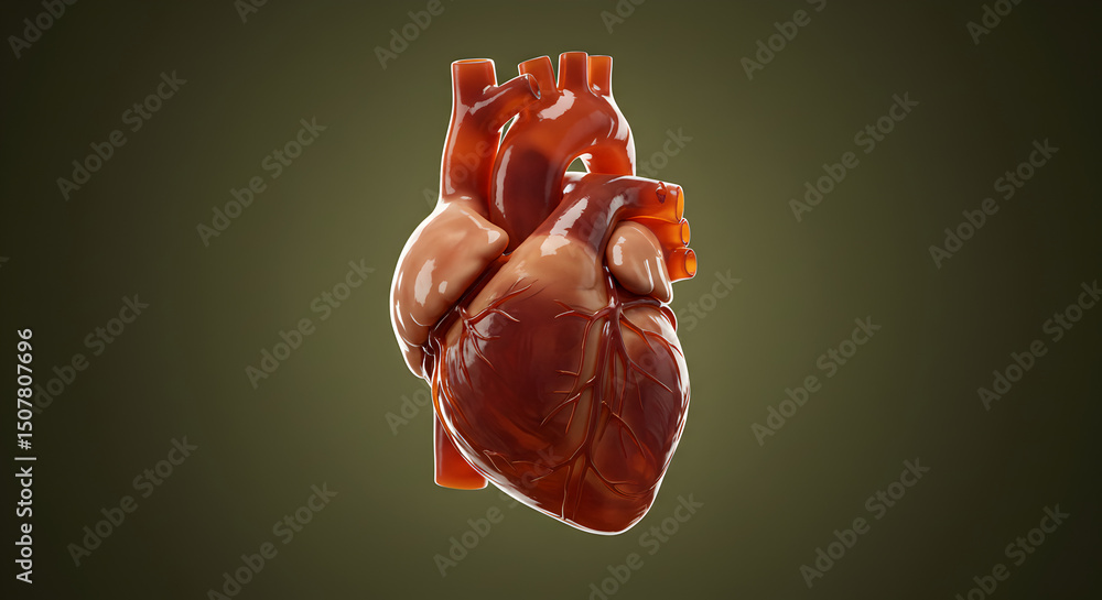 Poster anatomically detailed 3d render of human heart on soft background with glossy red texture emphasizin
