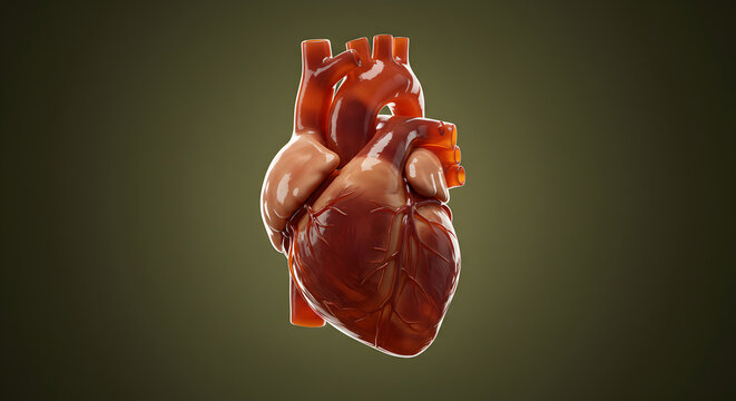 Anatomically Detailed 3D Render of Human Heart on Soft Background with Glossy Red Texture Emphasizing Complex Vascular Structure