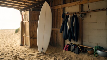Blank surfboard leaning against a wall in a beach hut setting, sand and gear around
