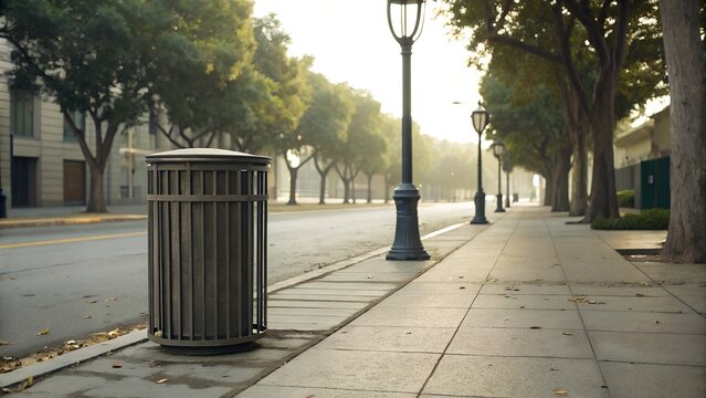 Blank metal trash bin on a sidewalk beside lamppost, trees, and pavement