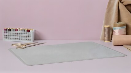 Plain cutting mat on a sewing table, surrounded by fabric, measuring tape, and spool rack