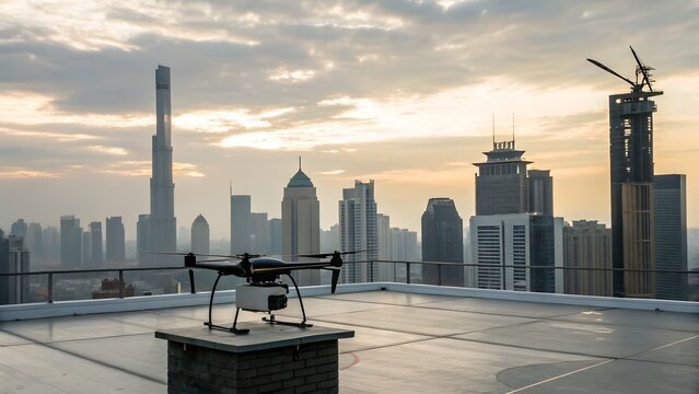 Plain delivery drone on a rooftop platform with urban skyline clearly visible