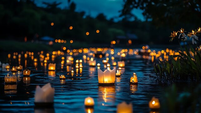 Many paper lanterns float on a still night water.