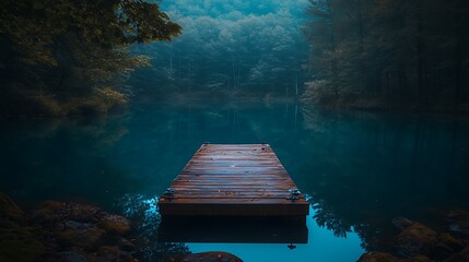 Serene lake with wooden dock in foggy forest tranquil scenic landscape.