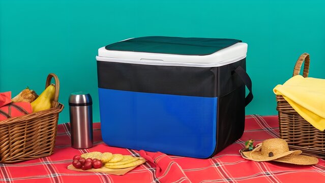 Unmarked insulated cooler on a picnic blanket, surrounded by baskets, snacks, and thermos