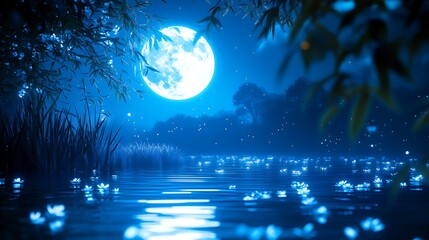 Serene moonlit pond scene Tranquil nightscape with water lilies, and and glowing nature.