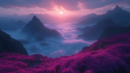 Serene Purple Dawn Majestic Mountains and Clouds at Sunrise with Fantasy Landscape.