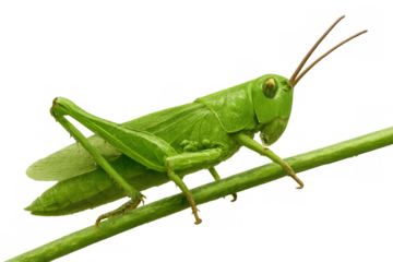 Close-up of a vibrant green grasshopper resting on a slender branch, isolated against a transparent background