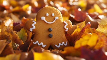 Smiling Gingerbread Man Among Colorful Autumn Leaves  Festive Delight.