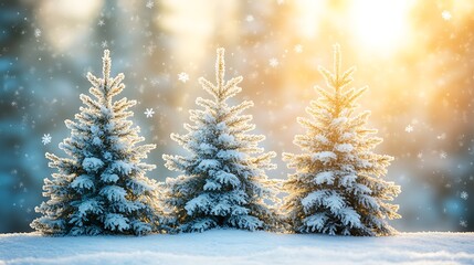 Snowy Christmas Trees with Snowfall with Sunlight  Forest, and Winter Season.