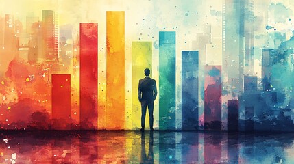 Colorful bar graphs with a person standing in front.