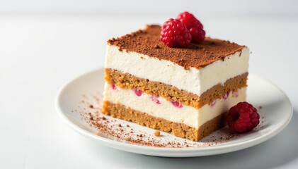 Classic tiramisu, layers visible, white background, texture, tiramisu, restaurant