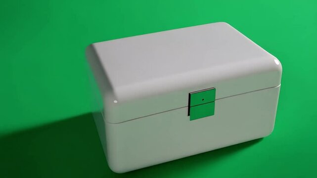 A white jewelry box with a silver clasp sits on a vibrant green seamless studio backdrop surface area green screen video