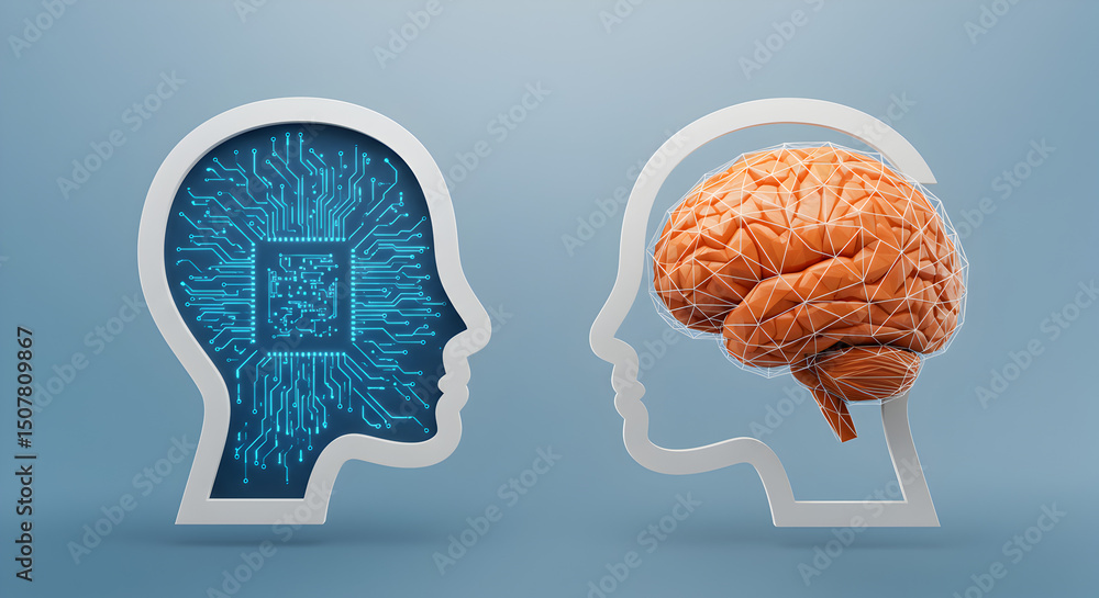 Poster artificial and human intelligence integration with circuit head outlines and brain illustration on l