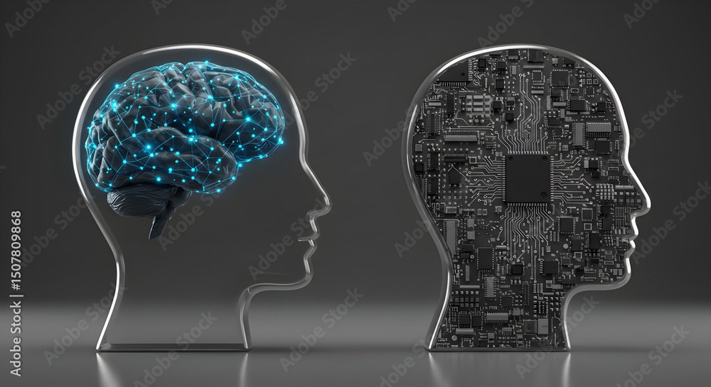 Poster artificial intelligence concept with head profiles circuit boards and glowing brain simulation on a 
