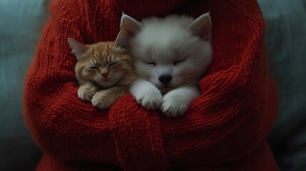 Two Cozy Kittens Cuddle Inside A Red Sweater with Embracing Warmth and Sleep.