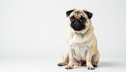 Adorable pug dog sits alone against white background, cute, portrait, cute pug