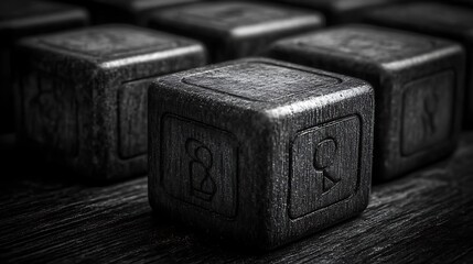 Vintage Wood Dice with Human Icons Teamwork with Strategy, Risk, and Black and White.