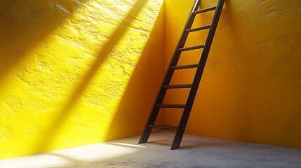 Wooden ladder leans against a vibrant yellow wall with sunlight and shadows.