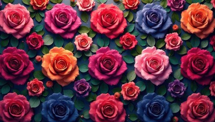 Intricate, repeating rose pattern in vibrant hues , nature, pattern, design
