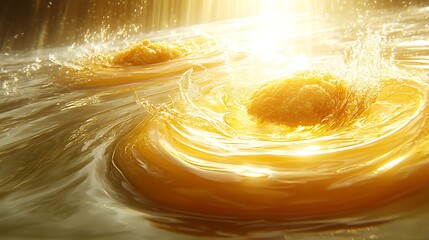 Abstract gold liquid swirling with splashing water and sunlight Creative background.
