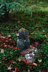 Smiling Jizo Statue with Autumn Maple Leaves in a Moss Garden at Kyoto