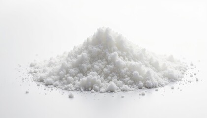 Crystalline sugar granules, bright white backdrop, texture, detail