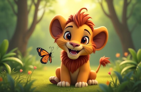 A 3D cartoon lion cub with a soft mane and large eyes, with butterfly in the jungle