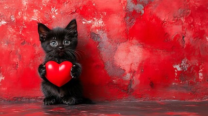 Adorable Black Kitten Holding a Red Heart on Valentines Day with Red Backdrop.