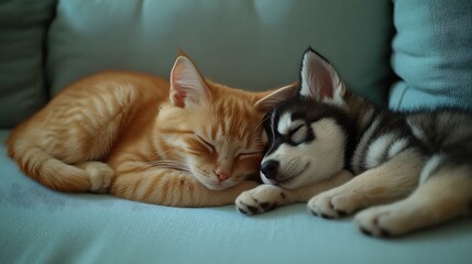 Adorable Cat  Husky Puppy Napping Snugly on Turquoise Couch with Pet Love.