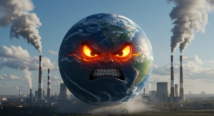 Earths angry face looming over smoky industry