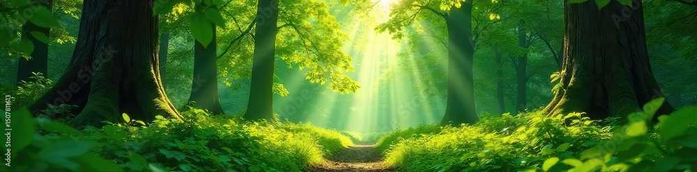 Canvas Prints lush green forest scene, dappled sunlight filtering through leaves, creating a serene and tranquil a