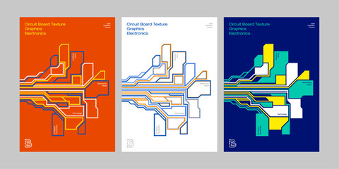 circuit board inspired abstract graphic posters with layered vector lines electronic schematic aesthetics colorful visual tech design futuristic digital cover graphics connection artwork brochure