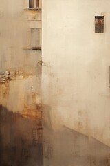 Abstract painting of old building wall with windows, depicting loneliness, melancholy, and urban decay, for conceptual art.