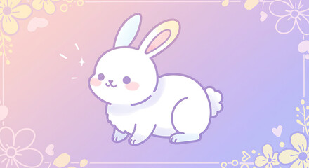 Adorable Pastel White Bunny Rabbit Illustration with Floral Border Cute Cartoon Animal Design