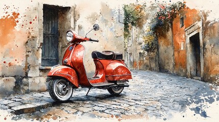 Red scooter in a picturesque alleyway.