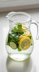 A refreshing glass pitcher filled with water lemon cucumber and mint. Ingredients float in the clear water. White surface and window background.