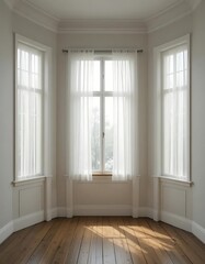 Sunlit Bay Window with Sheer Curtains and Warm Wooden Floor Interior