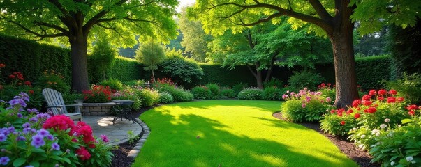 Lush green backyard with vibrant flowers, a stone patio, and mature trees providing shade Perfect for relaxation and outdoor living , home, serenity