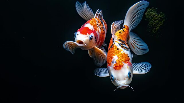 Pair of ornamental koi fish gracefully swimming in a dark aquarium water