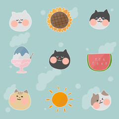 イラスト、かわいい、猫、夏、パターン、柄、猫柄、ひまわり、向日葵、かき氷、太陽、スイカ