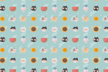 猫、夏、パターン、柄、猫柄、ひまわり、向日葵、かき氷、太陽、スイカ