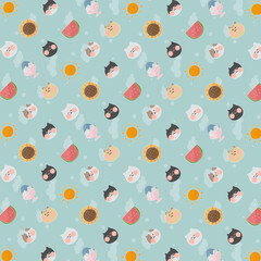 猫、夏、パターン、柄、猫柄、ひまわり、向日葵、かき氷、太陽、スイカ