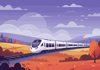 Fototapeta premium Modern Train Journeying Through Autumn Landscape Illustration Art