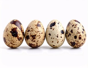 Four quail eggs in a row, each with unique speckled patterns. They are a symbol of simplicity, natural beauty, and the promise of new beginnings.
