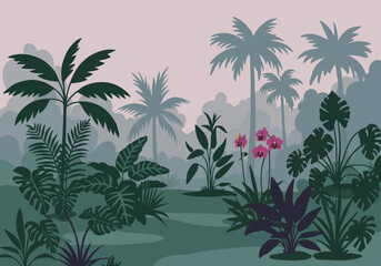 Lush Jungle Landscape Exotic Plants and Pink Flowers